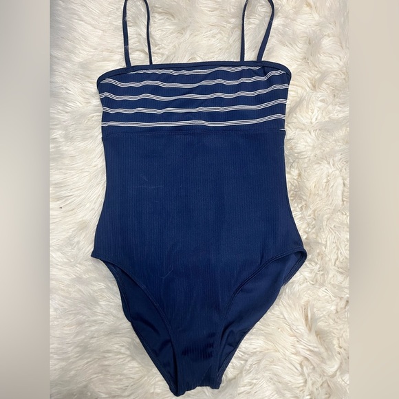 Ralph Lauren Womens One Piece Swimsuit Navy Stripe Stretch Square Neck Ribbed - Picture 1 of 3